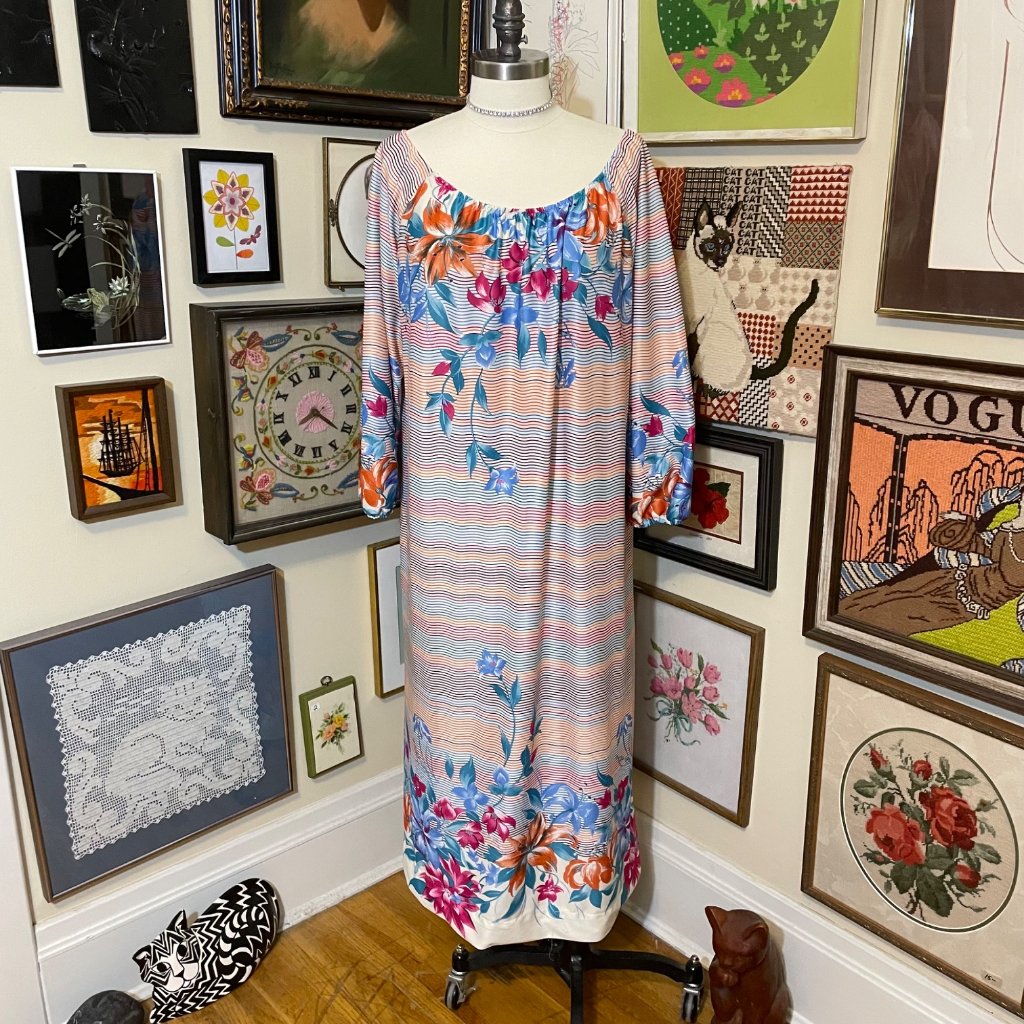 70s Vintage Rainbow Striped Floral Scoop Neck Crop Sleeve Maxi House Dress Osfm
